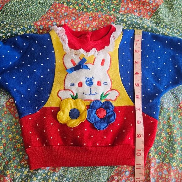 VTG Baby Colorblock Polka Dot Dolman Sleeve w Bunny & Flowers Sweatshirt - Picture 6 of 6